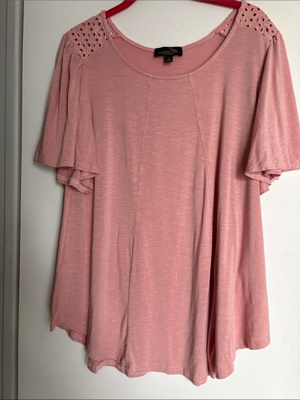 Suzanne Betro Dusty Rose Eyelet Shoulder Flutter Sleeve Tunic